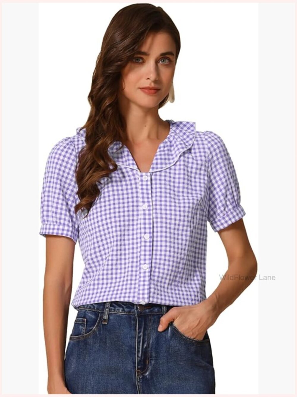 Plaid Puff Sleeve Ruffle Peter Pan Collar Blouse Button Down Top